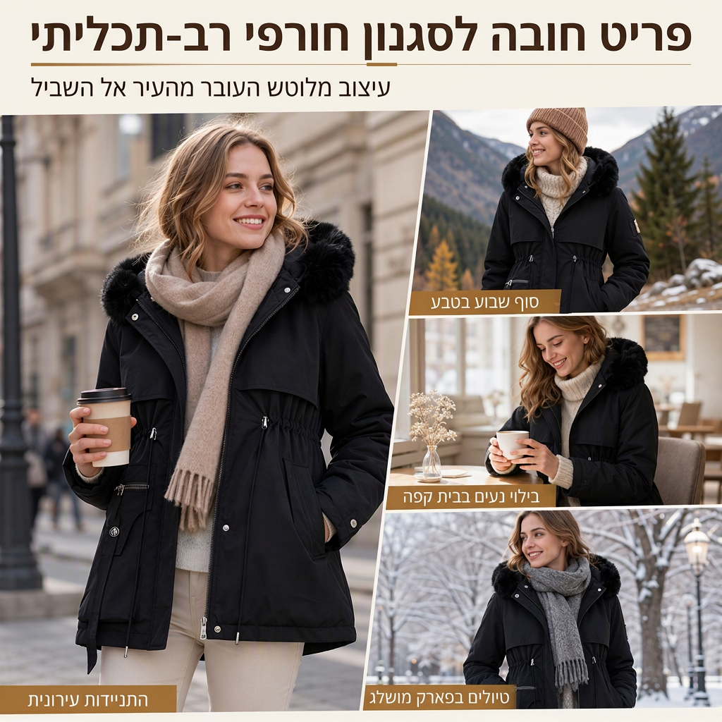 פארקה מרופדת בפרווה מלאכותית לנשים לחורף