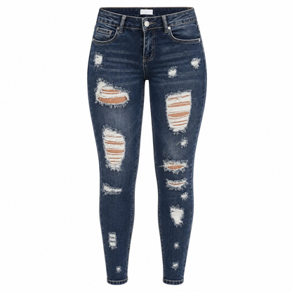👖 סטרץ' מעצב, קצוות מרופטים | ג'ינס סקיני קרועים בגובה גבוה לנשים