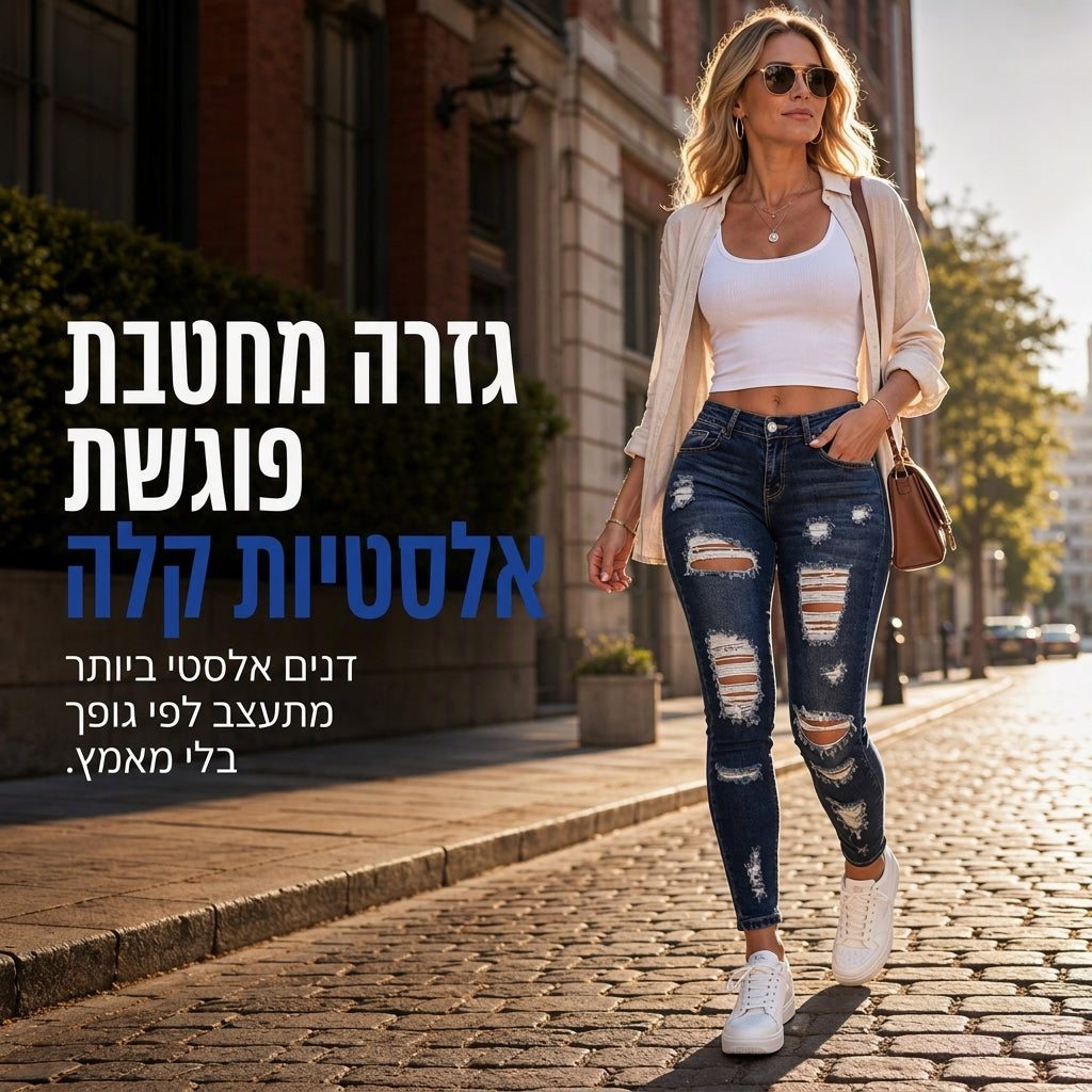 👖 סטרץ' מעצב, קצוות מרופטים | ג'ינס סקיני קרועים בגובה גבוה לנשים