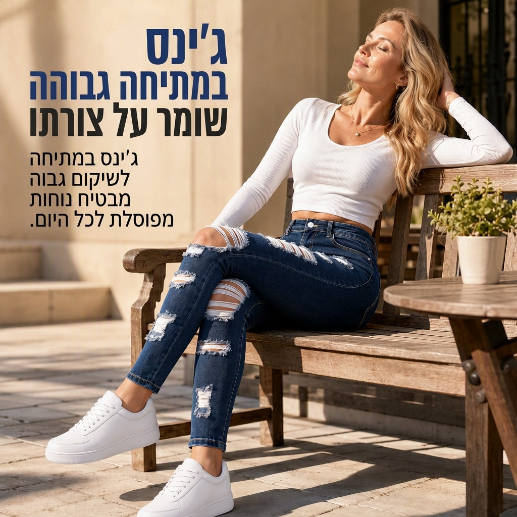👖 סטרץ' מעצב, קצוות מרופטים | ג'ינס סקיני קרועים בגובה גבוה לנשים