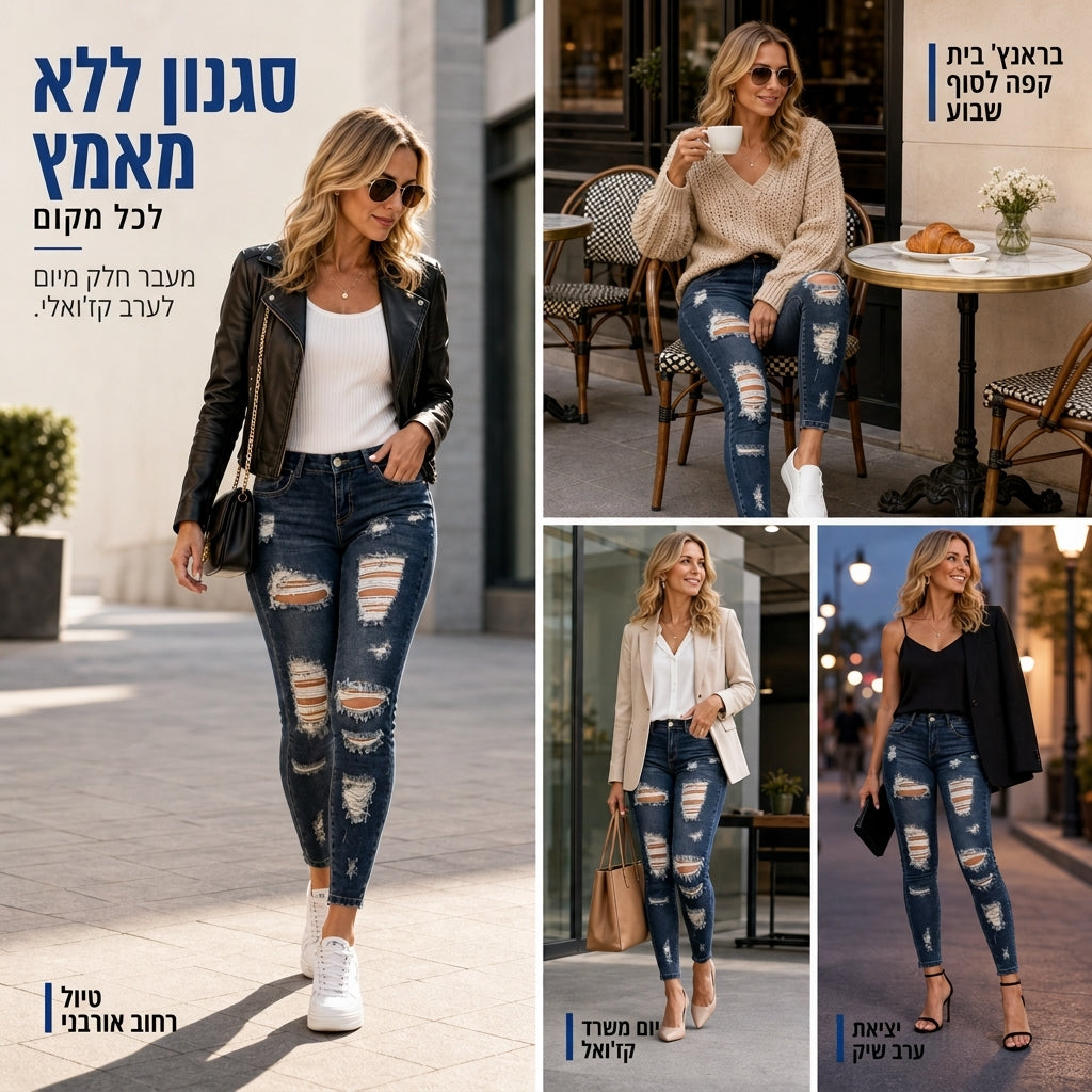 👖 סטרץ' מעצב, קצוות מרופטים | ג'ינס סקיני קרועים בגובה גבוה לנשים