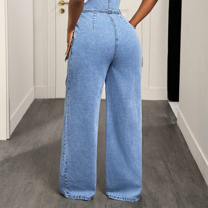👖 סגנון חלק אחד מחמיא | סרבל ג'ינס לנשים עם גזרה גבוהה ורגליים רחבות ⚡ משלוח חינם