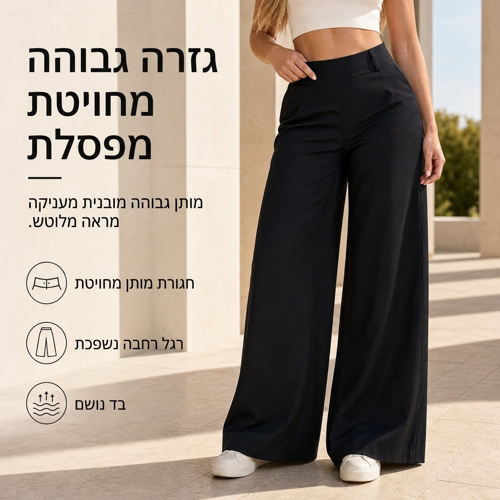 👖 מכנסי קז'ואל לנשים בגזרה גבוהה, רגליים רחבות וחיתוך מדויק עם נפילה זורמת וחלקה