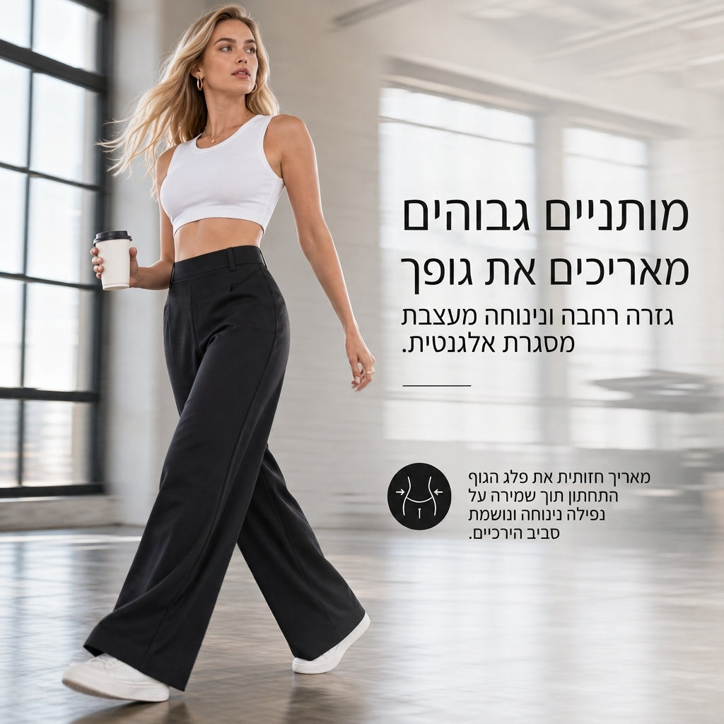👖 מכנסי קז'ואל לנשים בגזרה גבוהה, רגליים רחבות וחיתוך מדויק עם נפילה זורמת וחלקה