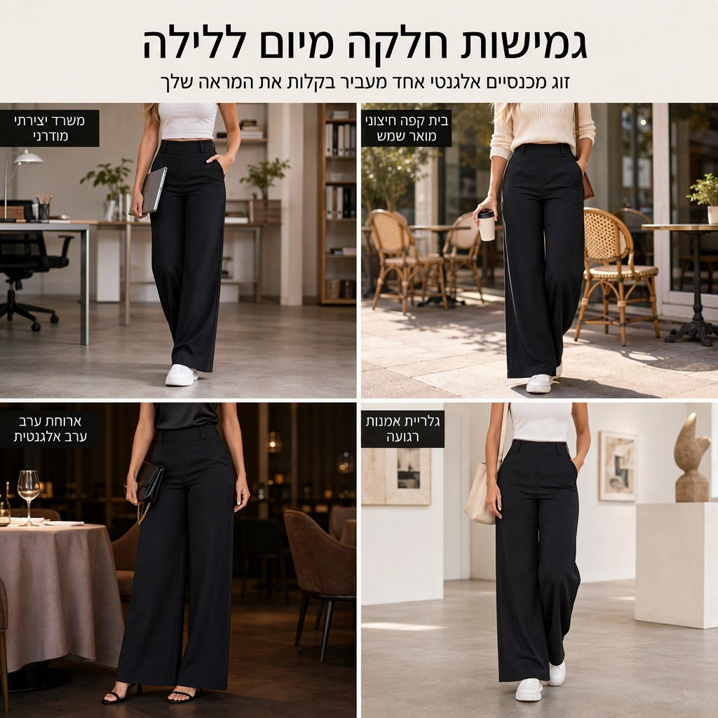 👖 מכנסי קז'ואל לנשים בגזרה גבוהה, רגליים רחבות וחיתוך מדויק עם נפילה זורמת וחלקה