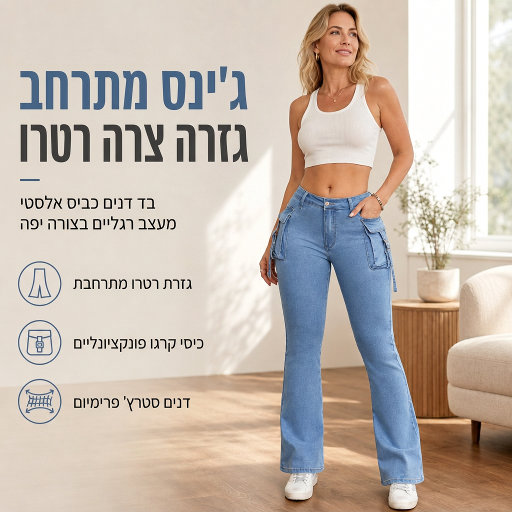ג'ינסים קארגו פלר לנשים עם גמישות גבוהה, חיתוך צר וכיסי דש