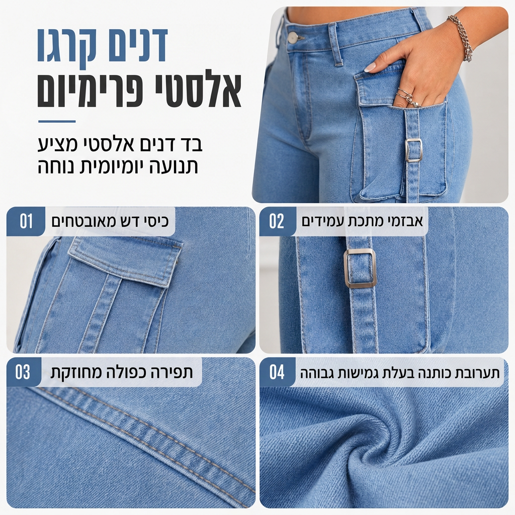 ג'ינסים קארגו פלר לנשים עם גמישות גבוהה, חיתוך צר וכיסי דש