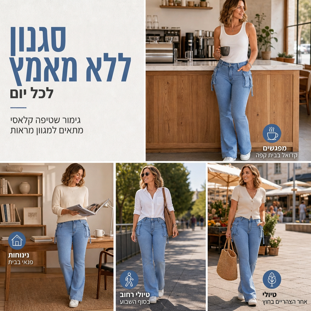 ג'ינסים קארגו פלר לנשים עם גמישות גבוהה, חיתוך צר וכיסי דש