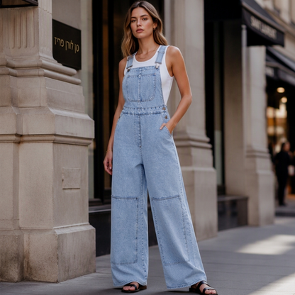 👖 סגנון חלק אחד מחמיא | סרבל ג'ינס לנשים עם גזרה גבוהה ורגליים רחבות ⚡ משלוח חינם