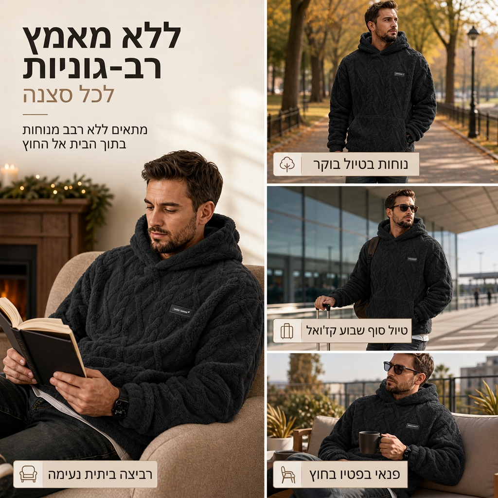 ❄️ נוחות מוכנה לחורף | פובר קפוצ'ון גברים מרופד פליס בעיצוב ג'קארד