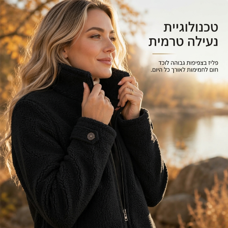 ז'קט חורף לנשים עם רוכסן מלא וצווארון עמיד