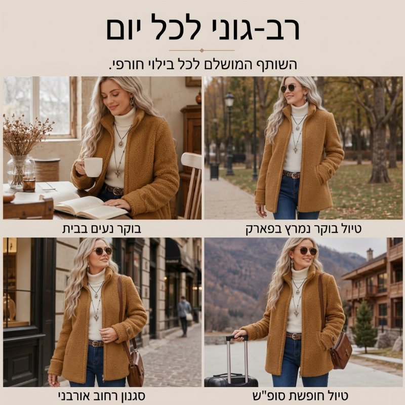ז'קט חורף לנשים עם רוכסן מלא וצווארון עמיד