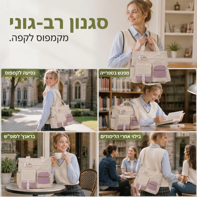 תיק קנבס טוט עם קיבולת גדולה וכיסים מרובים