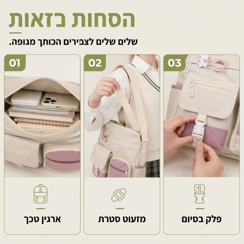 תיק קנבס טוט עם קיבולת גדולה וכיסים מרובים