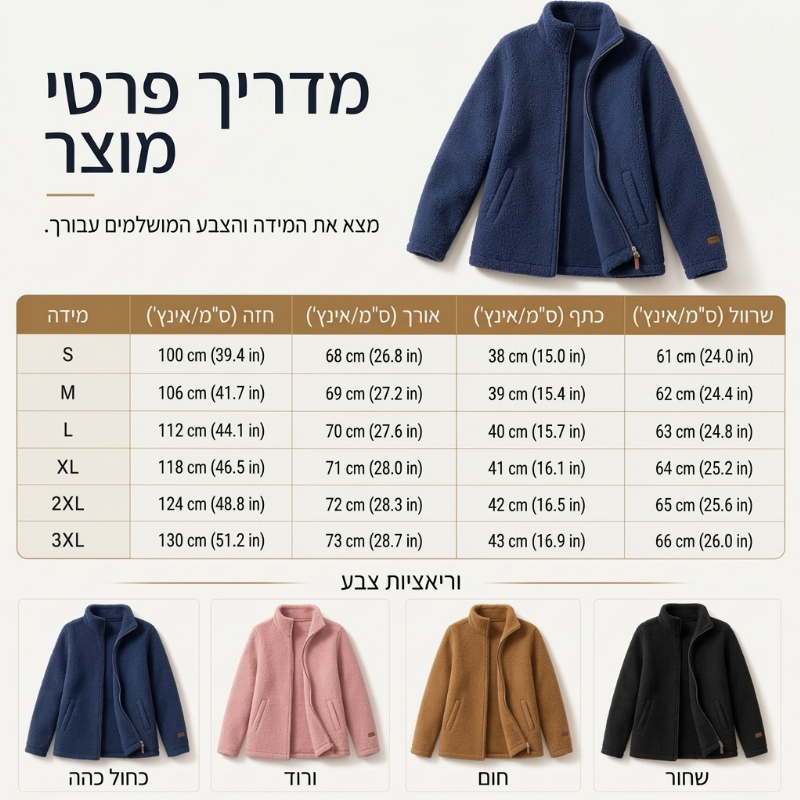 ז'קט חורף לנשים עם רוכסן מלא וצווארון עמיד