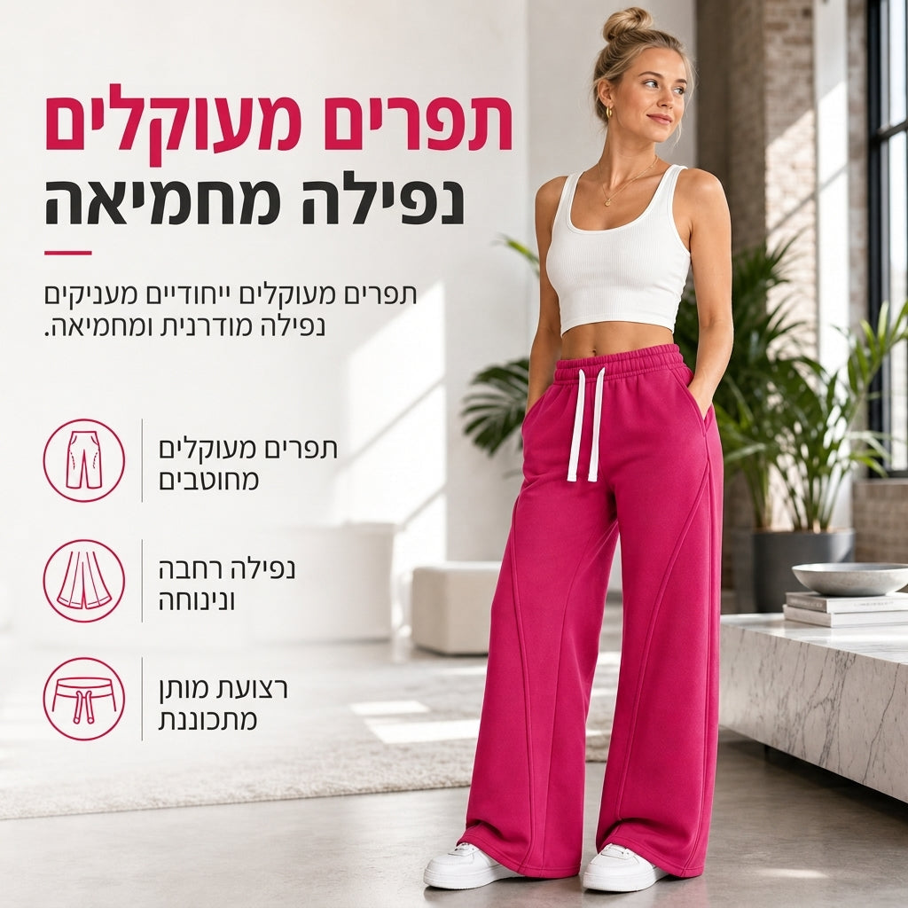 👖 תפרים מעוגלים, גזרת רגל רחבה מחמיאה | טרנינגים עם גזרה גבוהה לנשים✨