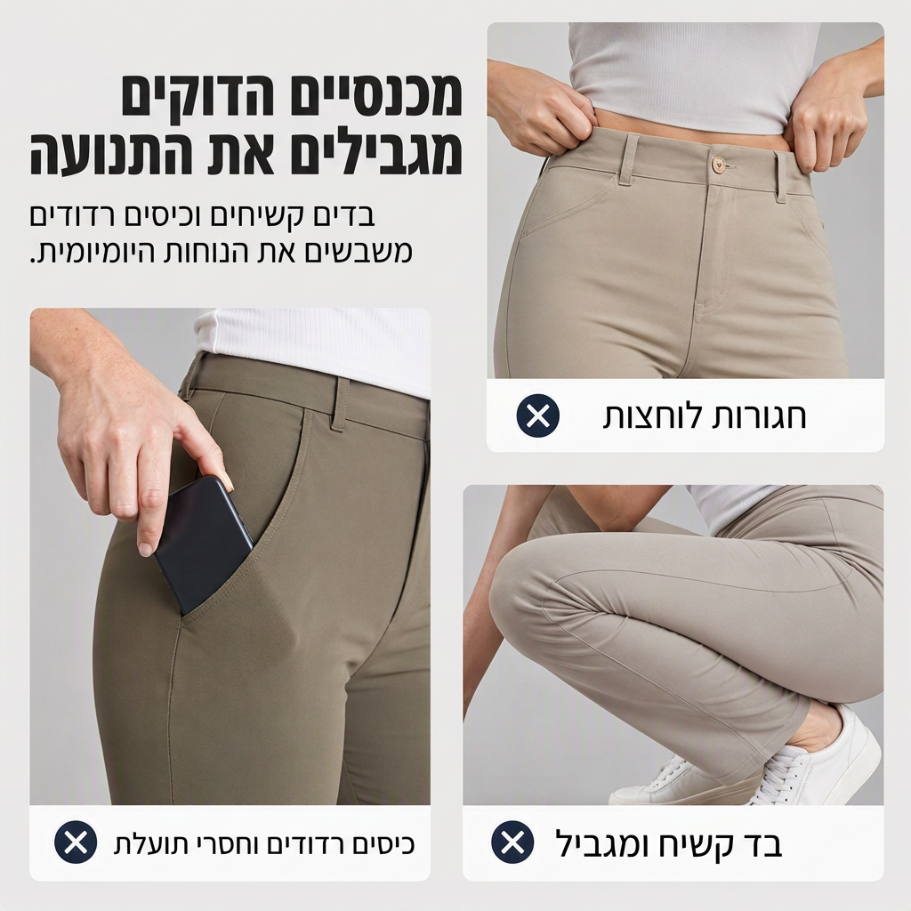 מכנסי קרגו לנשים עם גזרה רופפת, רגל ישרה, מותן עם שרוך אלסטי וכיסי צד שימושיים
