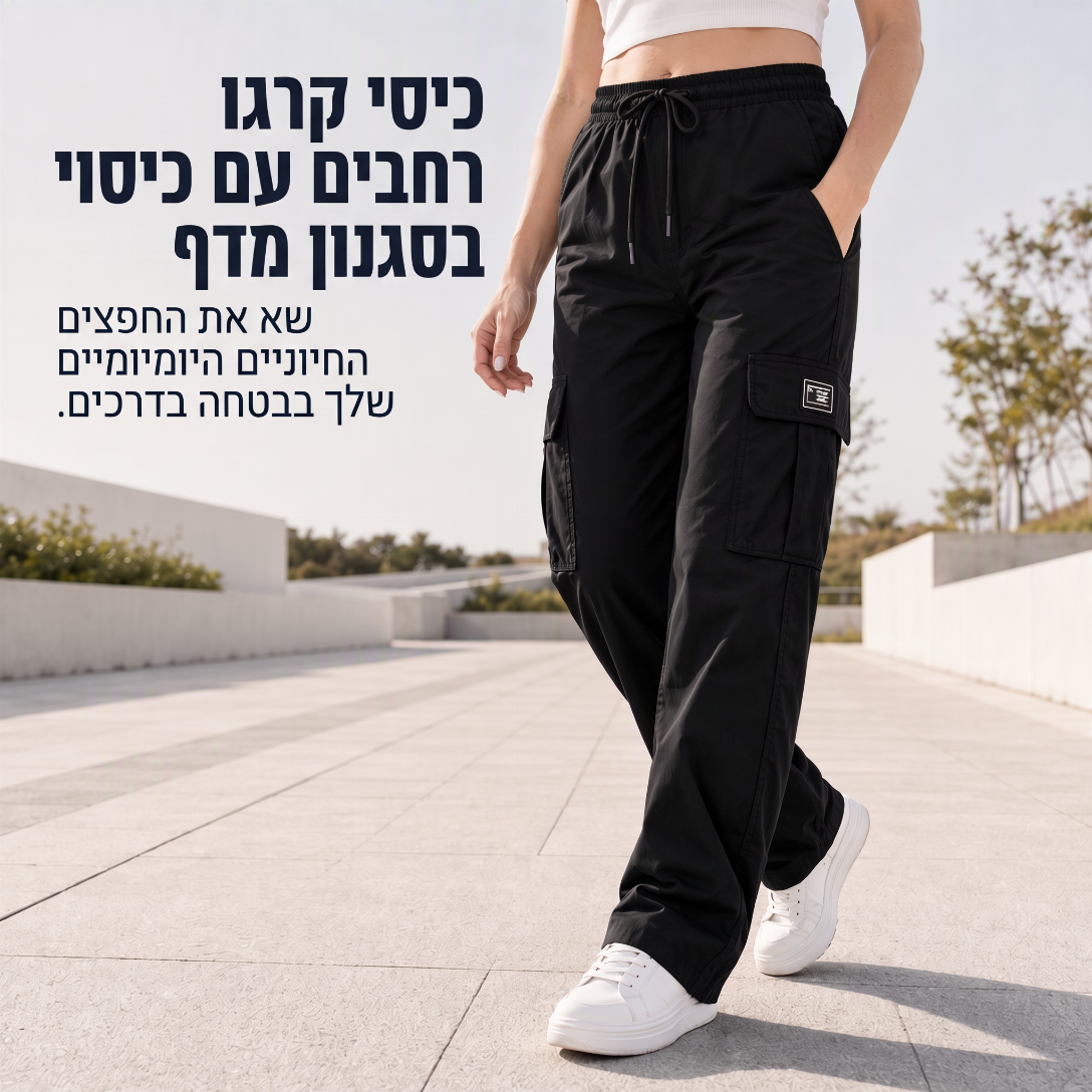 מכנסי קרגו לנשים עם גזרה רופפת, רגל ישרה, מותן עם שרוך אלסטי וכיסי צד שימושיים