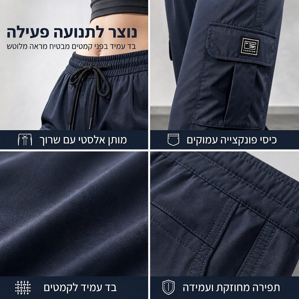 מכנסי קרגו לנשים עם גזרה רופפת, רגל ישרה, מותן עם שרוך אלסטי וכיסי צד שימושיים