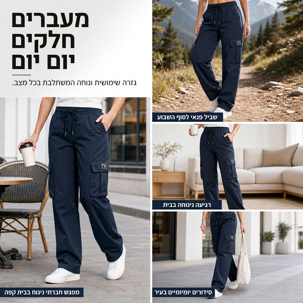 מכנסי קרגו לנשים עם גזרה רופפת, רגל ישרה, מותן עם שרוך אלסטי וכיסי צד שימושיים