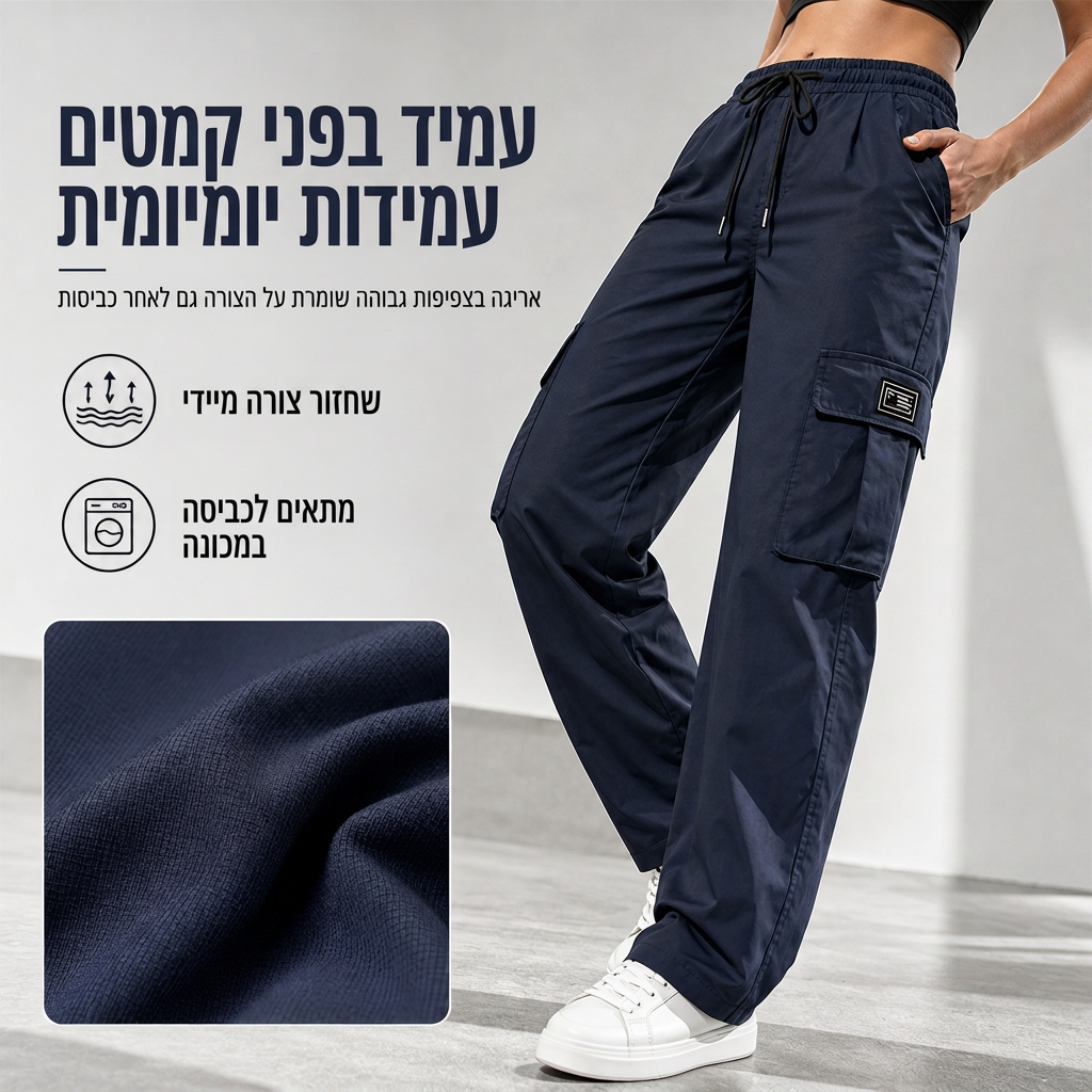 מכנסי קרגו לנשים עם גזרה רופפת, רגל ישרה, מותן עם שרוך אלסטי וכיסי צד שימושיים