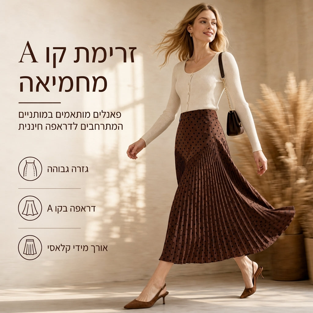 חצאית קפלים עם נקודות פולקה בגזרה גבוהה לנשים