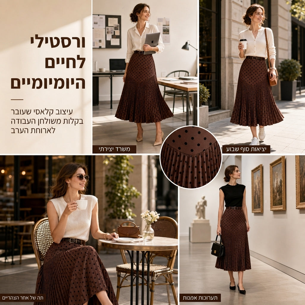 חצאית קפלים עם נקודות פולקה בגזרה גבוהה לנשים