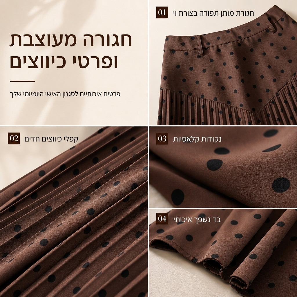 חצאית קפלים עם נקודות פולקה בגזרה גבוהה לנשים