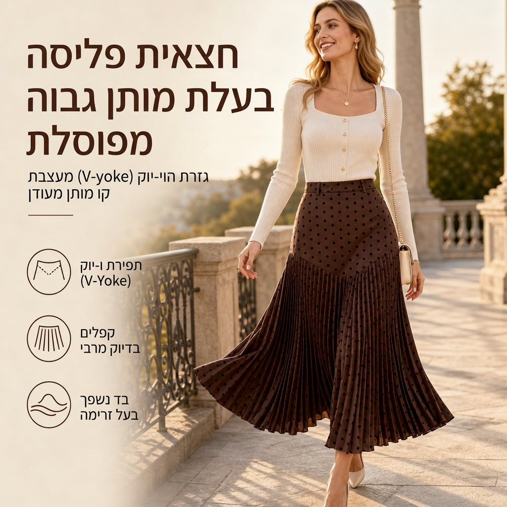 חצאית קפלים עם נקודות פולקה בגזרה גבוהה לנשים