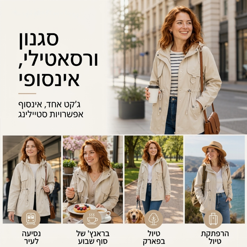 מעיל קז'ואל חם לנשים באורך בינוני עם כובע