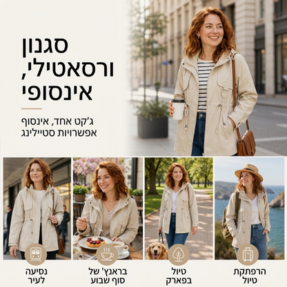 מעיל קז'ואל חם לנשים באורך בינוני עם כובע