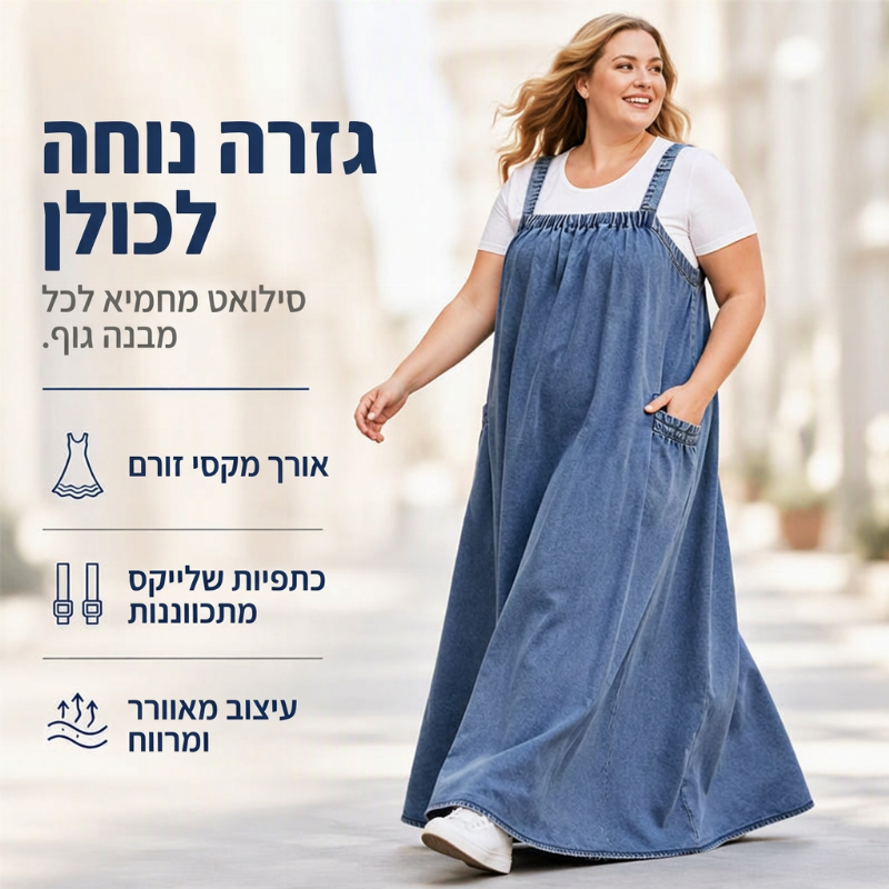 👗✨שמלת ג'ינס ארוכה קז'ואל רחבה עם כתפיות לנשים✨קנו 2 פריטים וקבלו הנחה נוספת של 8%