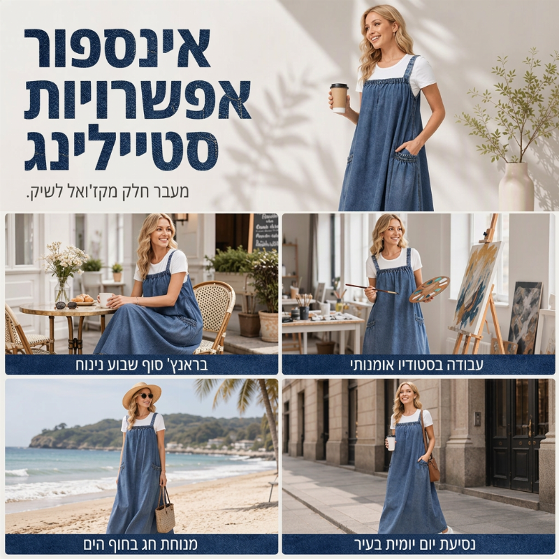 👗✨שמלת ג'ינס ארוכה קז'ואל רחבה עם כתפיות לנשים✨קנו 2 פריטים וקבלו הנחה נוספת של 8%