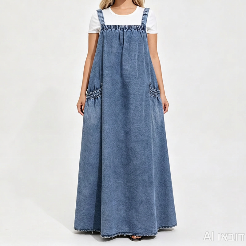 👗✨שמלת ג'ינס ארוכה קז'ואל רחבה עם כתפיות לנשים✨קנו 2 פריטים וקבלו הנחה נוספת של 8%