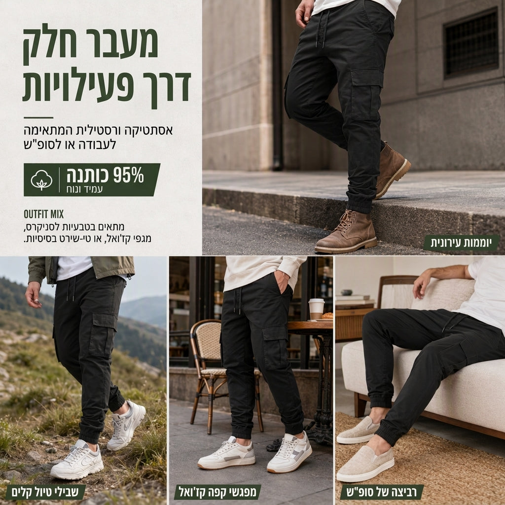 מכנסי קארגו קז'ואל לגברים עם כיסים מרובים וחוט משיכה