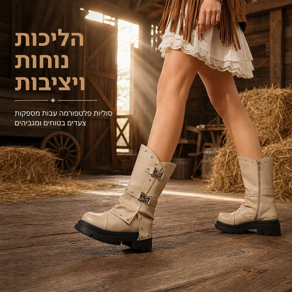 🤎 פרט מערבי, צעדים יציבים יותר | מגפוני נשים עם אבזם ופלטפורמה ⚡ משלוח חינם