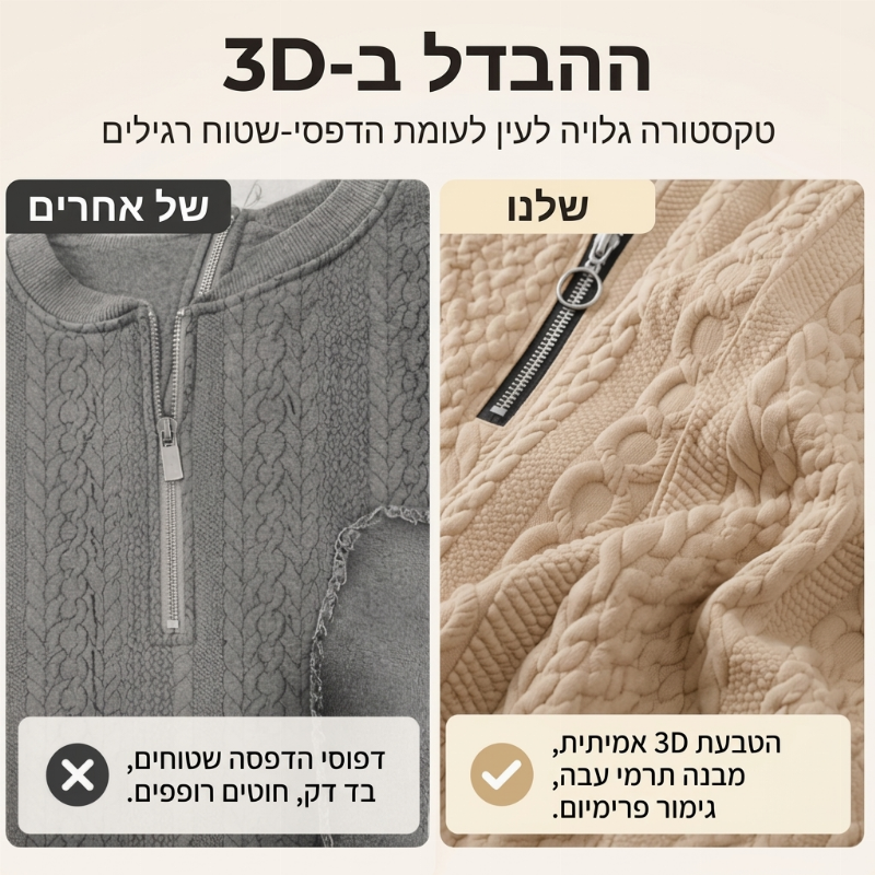 סווטשירט נשים בסריגת כבלים עם רוכסן חצי