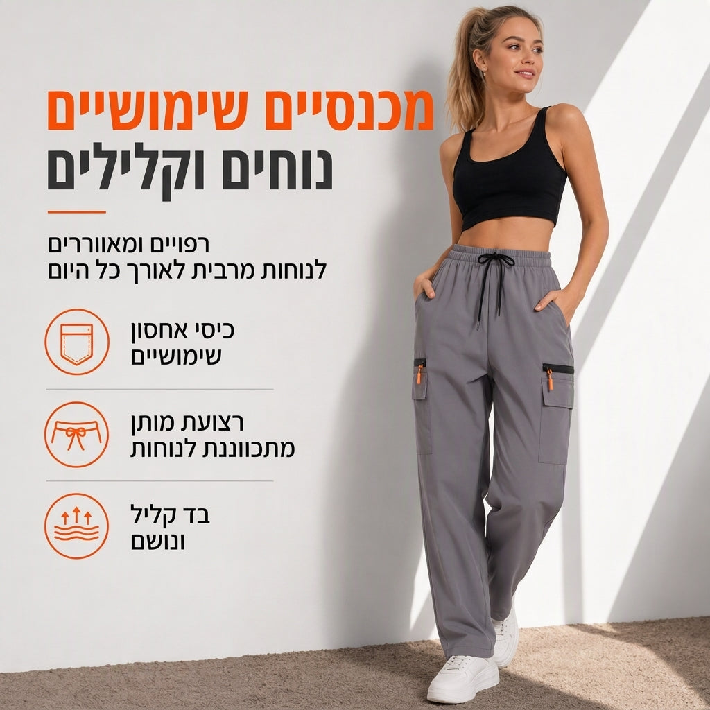 מכנסי סווטפנט קארגו קז'ואל לנשים, גזרה רופפת, מהירים לייבוש, נושמים, מכנסיים ארוכים עם כיסים
