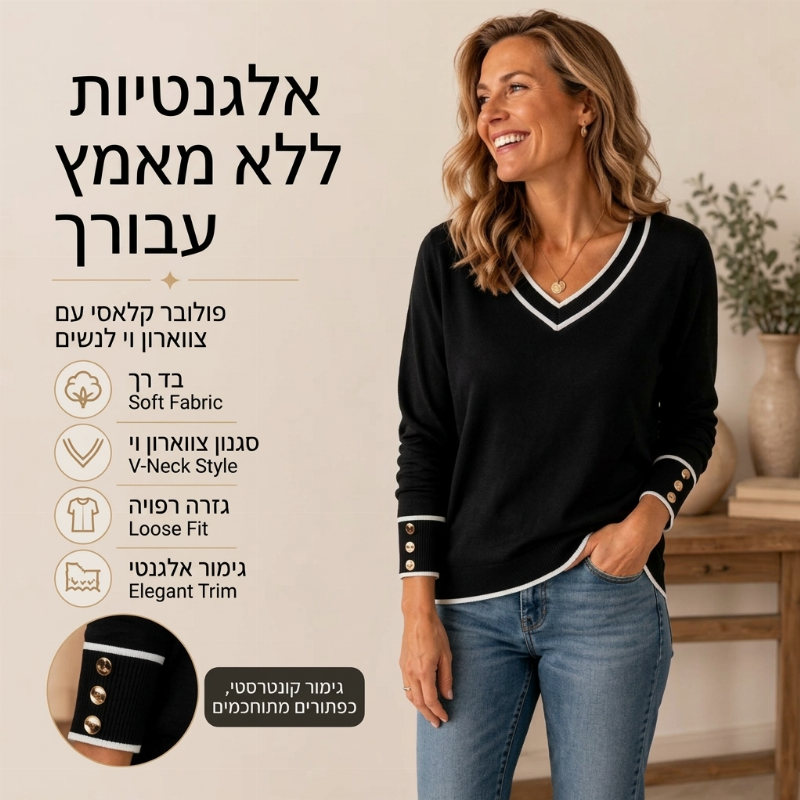 חולצת סריג נשית אלגנטית עם צווארון V בעיצוב ניגודי