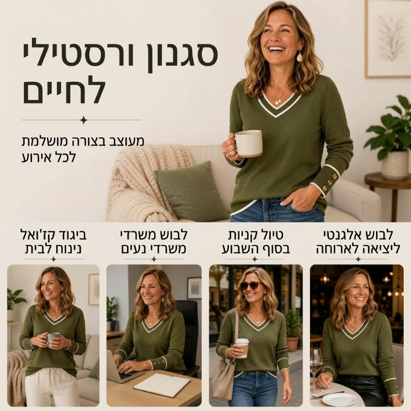 חולצת סריג נשית אלגנטית עם צווארון V בעיצוב ניגודי