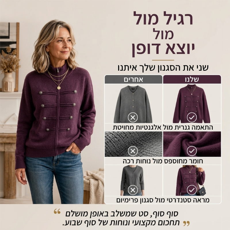 מעיל סוודר קז'ואל לנשים עם רוכסן כפול