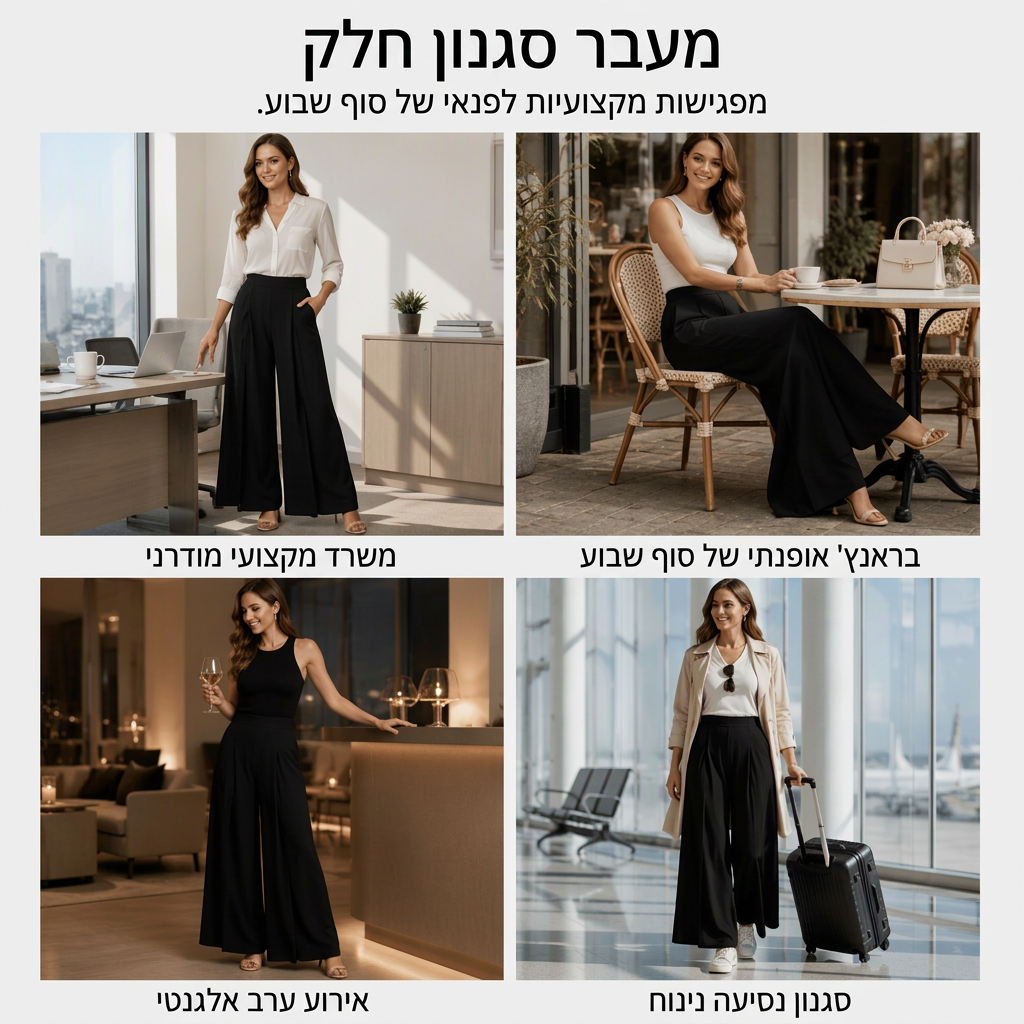 מכנסי נשים רחבי רגליים בגזרה גבוהה עם זרימה