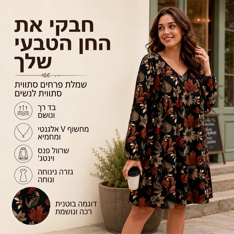 שמלה נשית אלגנטית עם הדפס עלי מייפל