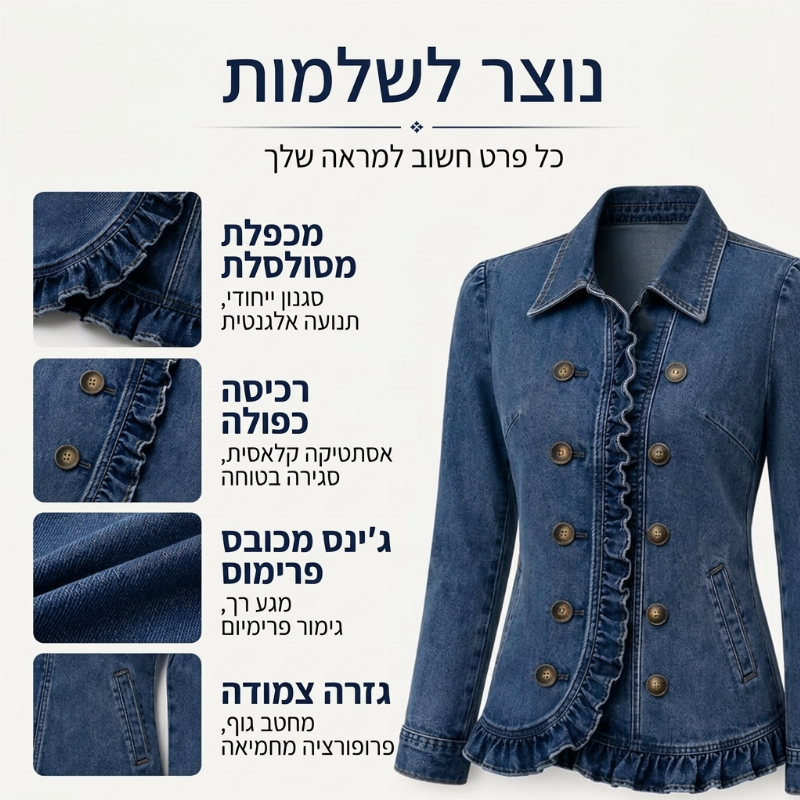 מעיל ג'ינס לנשים עם כפתורים כפולים ותפריטים