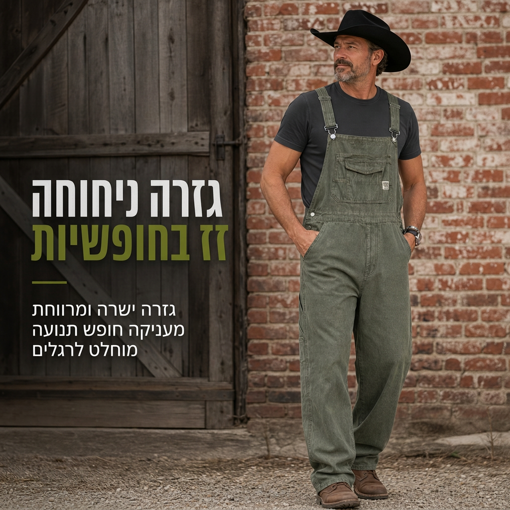 אוברול דנים מכותנה כבד לגברים, גזרה רפויה, רגל ישרה, מרובה כיסים שימושיים