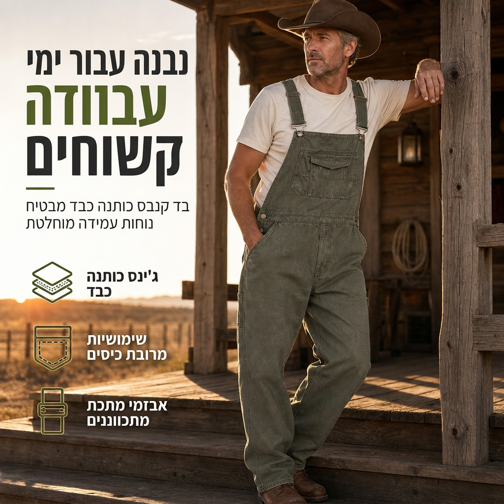 אוברול דנים מכותנה כבד לגברים, גזרה רפויה, רגל ישרה, מרובה כיסים שימושיים