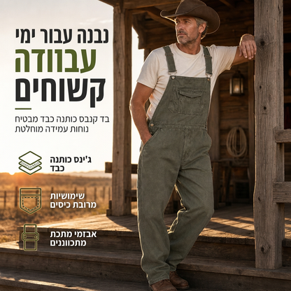 אוברול דנים מכותנה כבד לגברים, גזרה רפויה, רגל ישרה, מרובה כיסים שימושיים