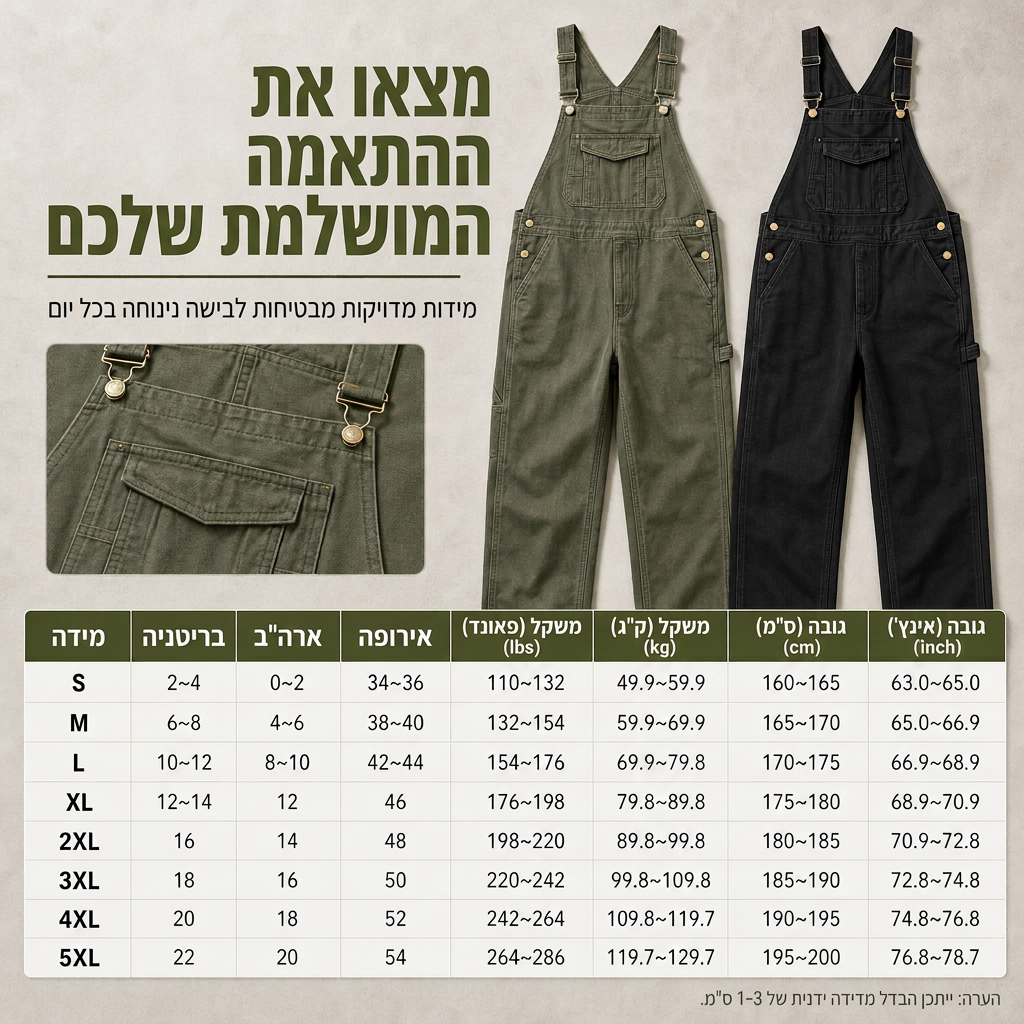 אוברול דנים מכותנה כבד לגברים, גזרה רפויה, רגל ישרה, מרובה כיסים שימושיים
