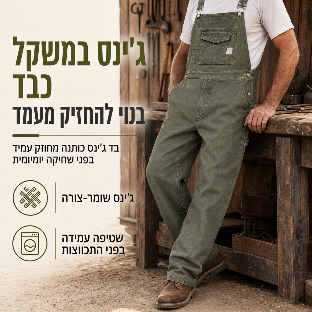 אוברול דנים מכותנה כבד לגברים, גזרה רפויה, רגל ישרה, מרובה כיסים שימושיים