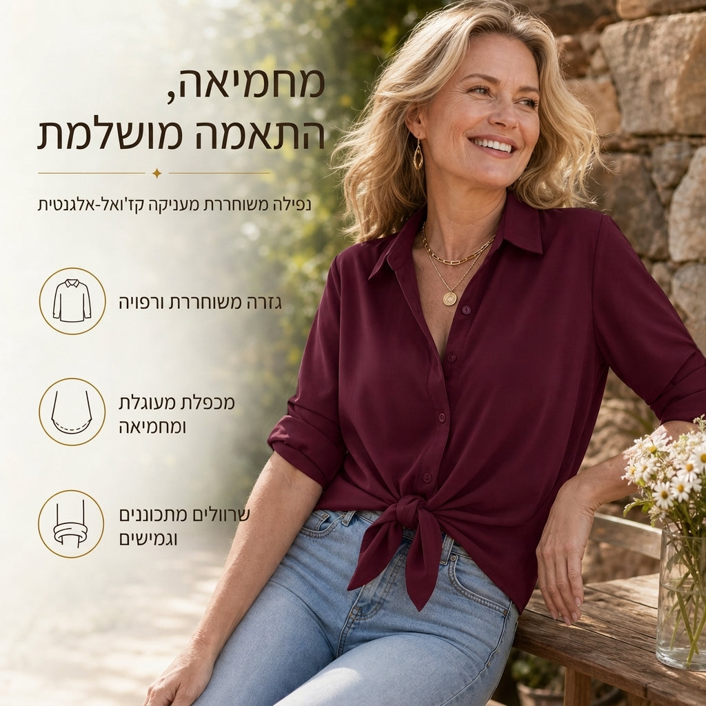 חולצת נשים אלגנטית ומזדעזעת עם שרוולים ארוכים וכפתורים